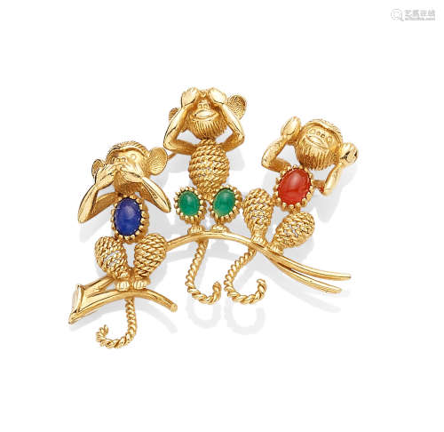 A hardstone and 18K gold 'Speak No, See No, Hear No Evil' clip, Van Cleef & Arpels, French