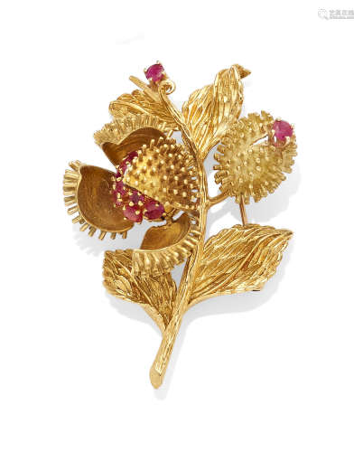 A diamond, ruby and 18k gold flower brooch,  Tiffany & Co.