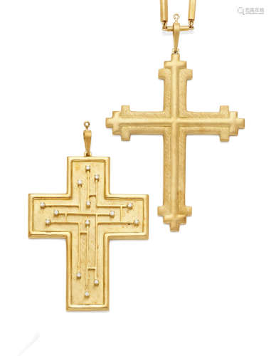 Two 18K Gold Cross Pendants, together with an 18K Gold Chain, Bruno Guidi and Burle Marx, Brazilian