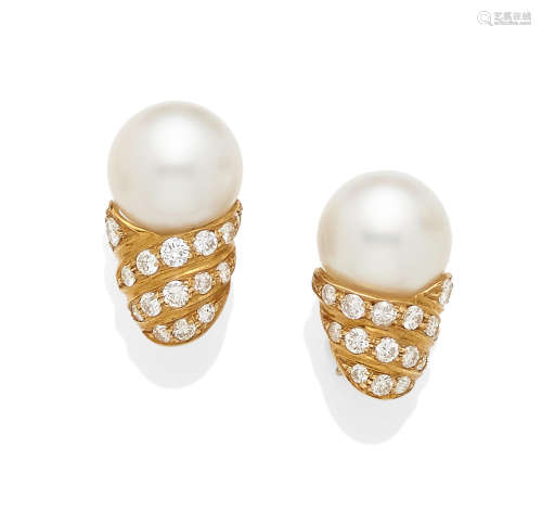 A pair of Cultured Pearl, Diamond and 14k Gold Ear Clips