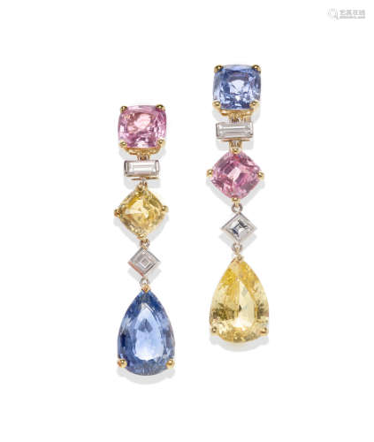 A pair of fancy colored sapphire, diamond and 18k bi-color gold ear clips