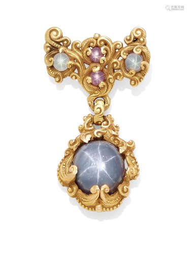 A turn of the century star sapphire, star ruby and gold brooch,  Theodore B. Starr, circa 1900