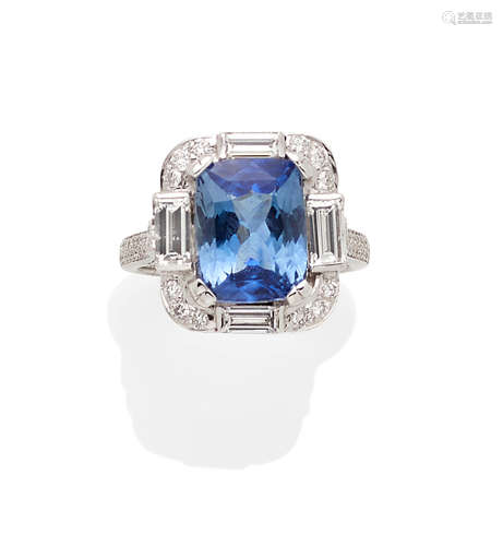 A sapphire, diamond and 18k white gold ring