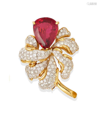 A rubellite, diamond and 18K gold brooch