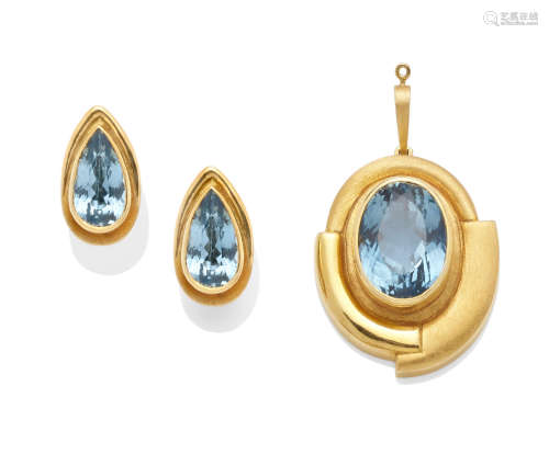 A Blue Topaz and 18K Gold Pendant and Ear Clip set, Burle Marx