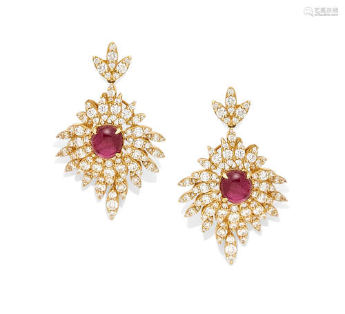 A Pair of Ruby, Diamond and 18k Gold Ear Pendants