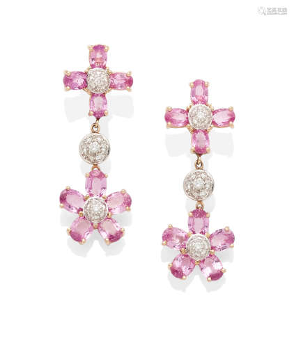 A pair of pink sapphire, diamond and 18k bi-color gold ear clips