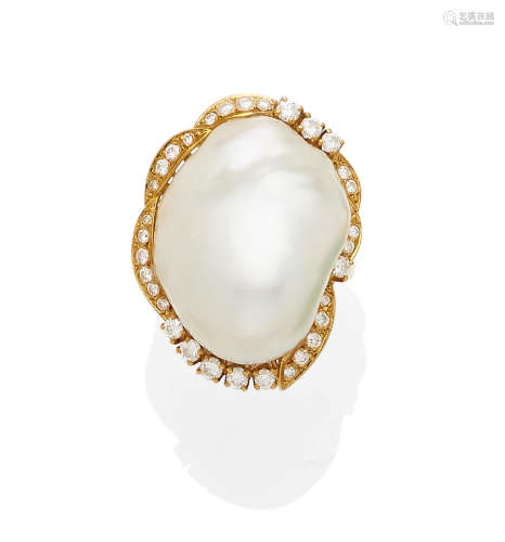 A Baroque Cultured Pearl, Diamond and 18K Gold Ring, Mikimoto