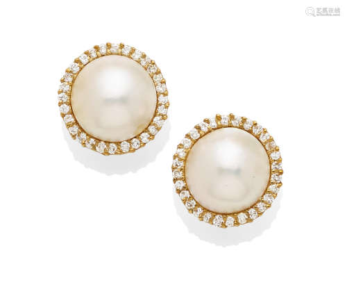 A Pair of Mabé Pearl, Diamond and Gold Ear clips