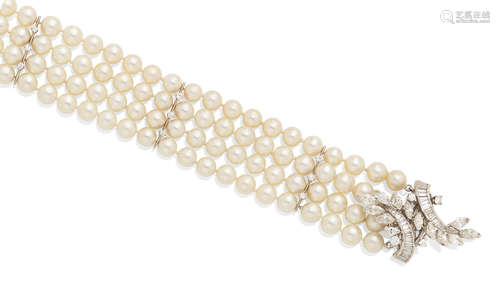 A diamond, cultured pearl and 14K white gold bracelet