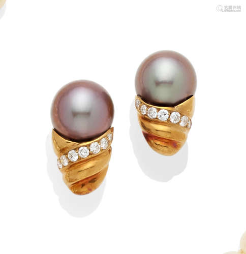 A pair of colored Cultured Pearl, Diamond and Gold Ear Clips