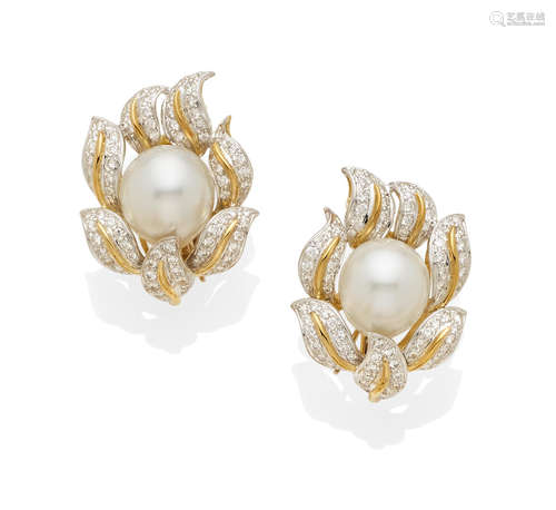 A pair of cultured pearl, diamond and 18K bi-color gold ear clips