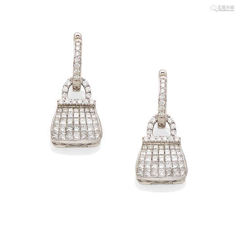 A Pair of Diamond and 18k White Gold Handbag Earrings