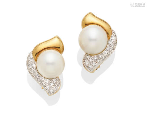 A pair of Cultured Pearl, Diamond and 18k bi-color Gold Ear clips