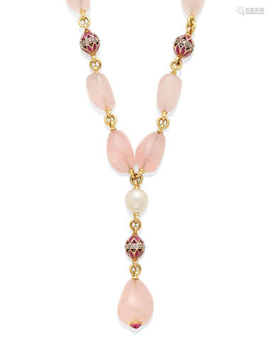 A rose quartz bead, cultured pearl, ruby, diamond and 18k gold necklace, Verdura