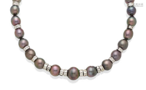 A colored Cultured Pearl, Diamond and White Gold Necklace