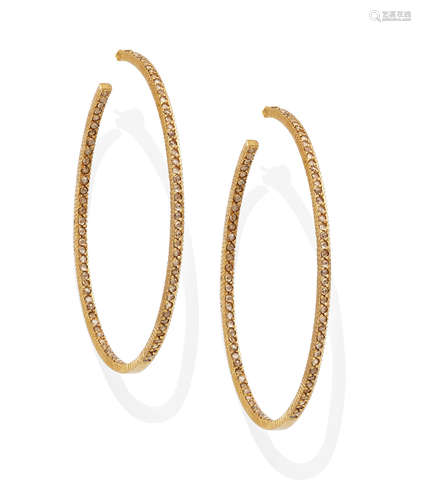 A Pair of Diamond and 18K Gold Hoop earrings