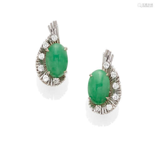 A pair of Jadeite Jade, Diamond and 14k White Gold Ear Clips