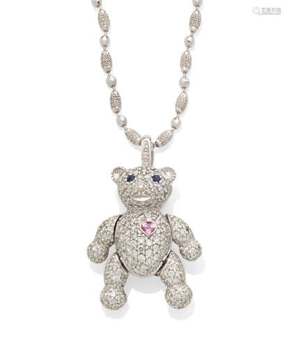 A diamond, sapphire and 18k white gold Bear brooch/pendant