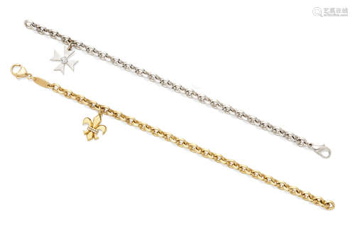 Two 18k white and yellow gold bracelets with diamond set charms