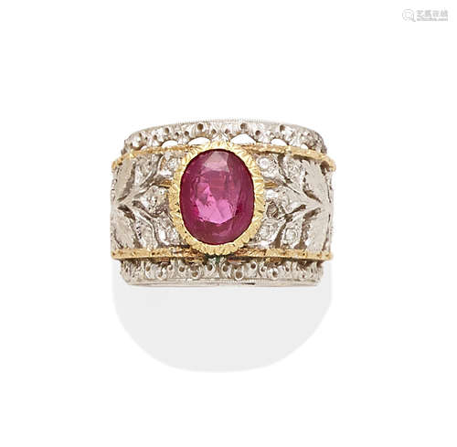 A ruby, diamond and 18k bi-color gold ring