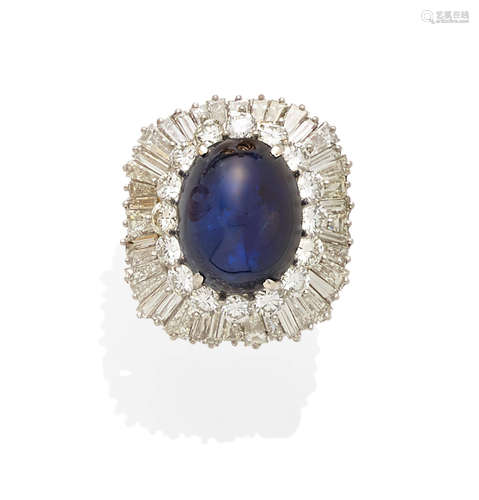 A sapphire, diamond and 18K white gold ring