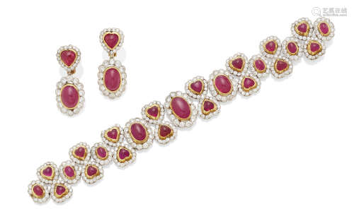 A ruby, diamond and 18k bi-color gold bracelet and ear clip set