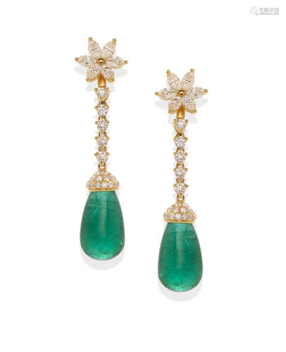 A pair of emerald, diamond and 18k gold day/night ear pendants