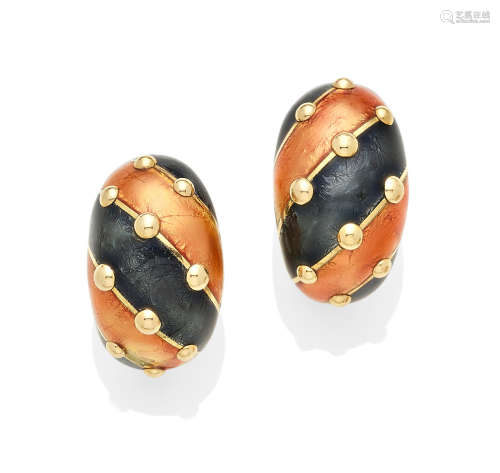 A pair of Enamel and 18K bi-color Gold Ear Clips, Schlumberger for Tiffany & Co., French