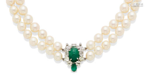 A cultured Pearl, emerald, diamond and white gold necklace