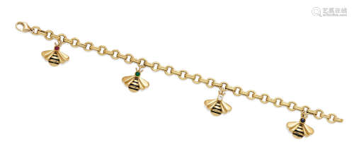An enamel and gem-set gold bumblebee charm bracelet, Cartier, 1990