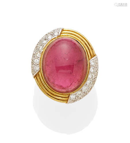 A pink tourmaline, diamond and 18k bi-color gold ring