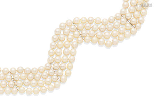 A cultured pearl, diamond and white gold collar