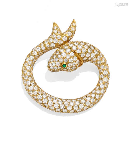 A diamond, emerald and 18k gold snake brooch