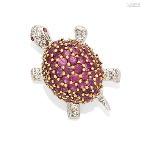 A ruby, diamond and 18k bi-color gold turtle brooch,  Tiffany & Co.