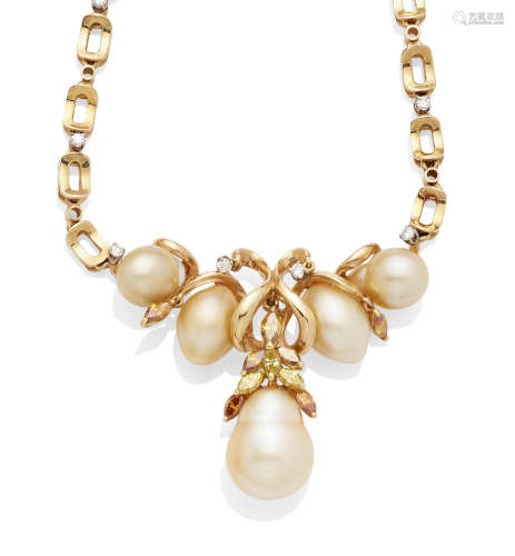 A colored Cultured Pearl, colored diamond, Diamond and 14k Gold Necklace