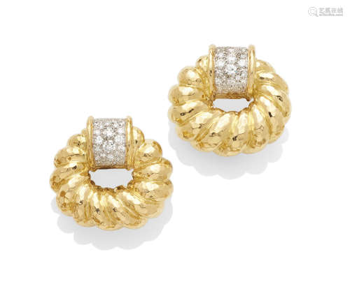 A pair of diamond, 18k gold and platinum ear clips, David Webb