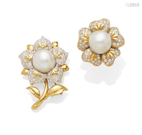 A cultured pearl, diamond and gold clip and ring