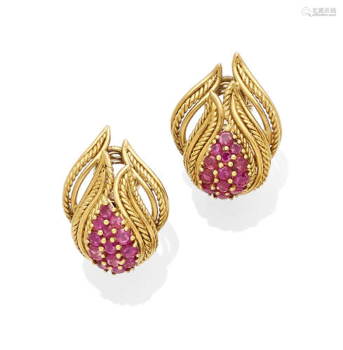 A pair of ruby and 18k gold ear clips,  Tiffany & Co., Italian