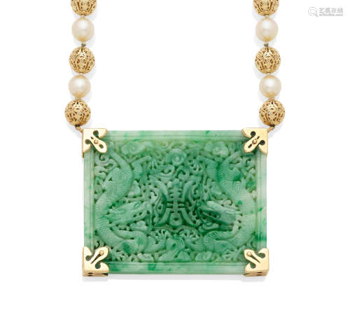 A Jadeite Jade, Cultured Pearl and Gold Pendant Necklace