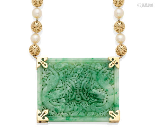 A Jadeite Jade, Cultured Pearl and Gold Pendant Necklace