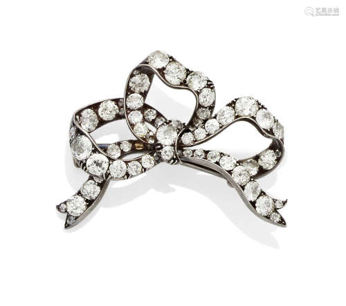 A 19th Century Diamond and Silver-Topped Gold Bow Brooch, circa 1890
