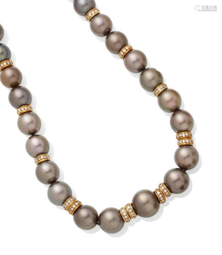 A colored Cultured Pearl, Diamond and 14k Gold Necklace