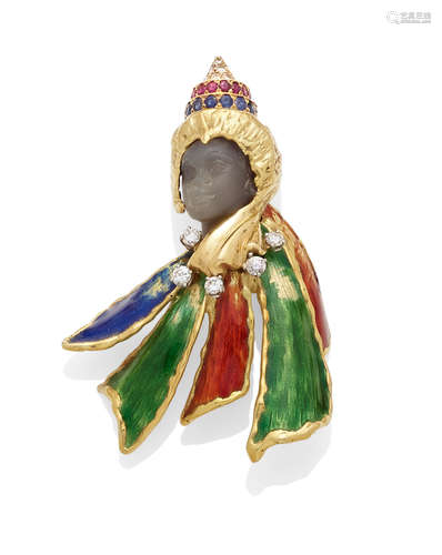 A diamond, hardstone, enamel and gem-set gold blackamoor brooch