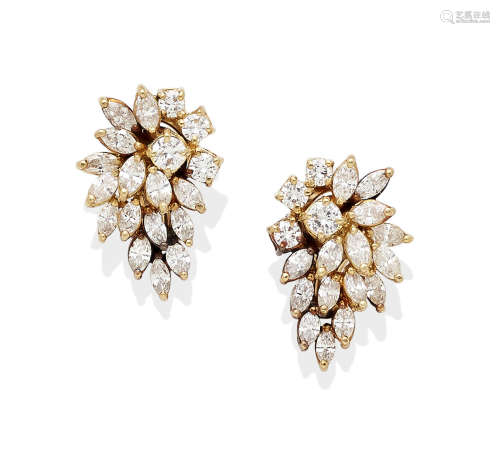 A pair of Diamond and Gold Cluster Ear Clips