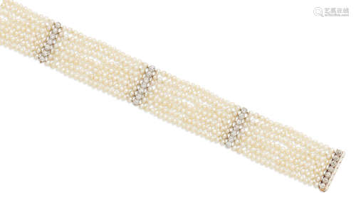 A seed pearl, diamond and platinum topped-gold bracelet