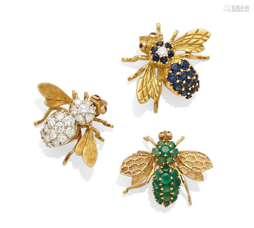 A collection of diamond and gem-set gold fly brooches