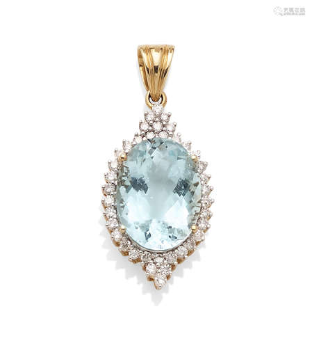 An aquamarine, diamond and 14K bi-color gold pendant