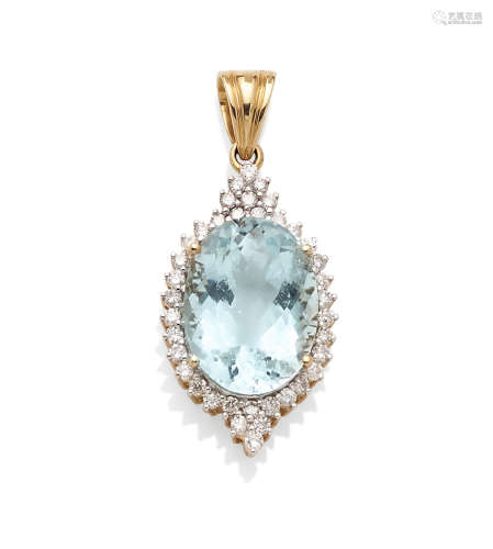 An aquamarine, diamond and 14K bi-color gold pendant