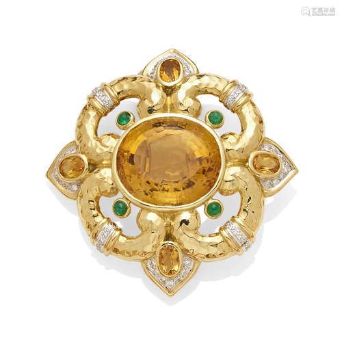 A citrine, emerald, diamond and 18K gold clip